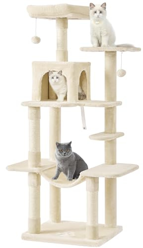 MSmask Kratzbaum groß, L Katzenkratzbaum Stabil, Katzenbaum mit Katzenhöhlen, Plattformen, Hängematte, Sisalsäulen, mehrstöckiger Kletterbaum (Beige, 150 cm)