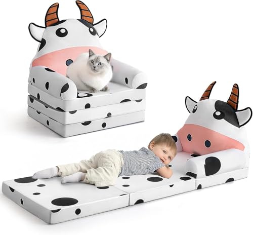 LADIDA Kids Sofa - Foldable & Convertible 2-in-1 Toddler Sofa Chair & Lounger, Removable Washable Cover, Soft Breathable Fabric, No Assembly Needed,Suitable for Living Room and Bedroom (White Cow)