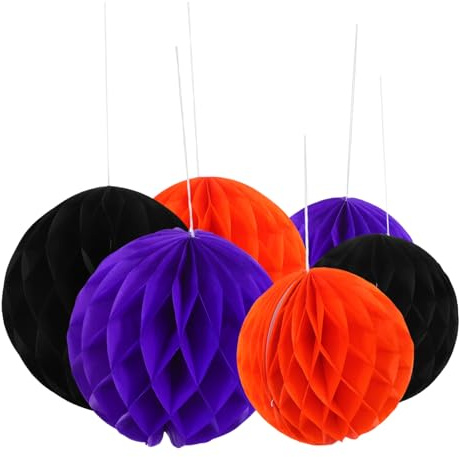 FONDOTIN 6 Piezas Bolas Panal Colgantes para Fiesta Halloween Decoración Festiva Naranja y Negro para Fotográficos y Temáticos