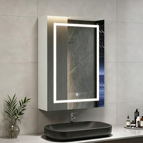 HFASD Spegelskåp för Badrum med Belysning, Badrumsskåp med Spegel och Justerbara Hyllor, Badskåp med 1 Dörr, Justerbar Färgtemperatur, Omkopplare med Touch-Sensor, 50 x 14 x 70 cm (1 Dörr)