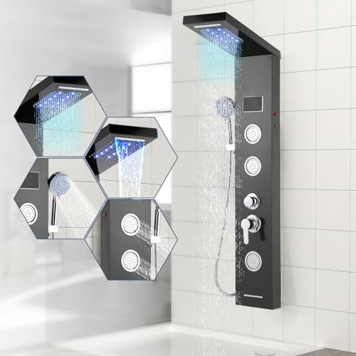 Vkechh Duschpanel med kran, 5 funktioner duschpanel i rostfritt stål med LED-temperaturdisplay regn och vattenfall dusch, handdusch, massagemunstycken och badinlopp duschpelare