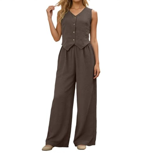 Fnumiszx Womens Co Ord Sets Sleeveless Button Cropped Tank Top And High Elastic Waisted Wide Leg Trouser 2 Piece Cotton Linen Set Women Summer Ladies Lounge Wear Sets Travel Outfit For Holiday Beach