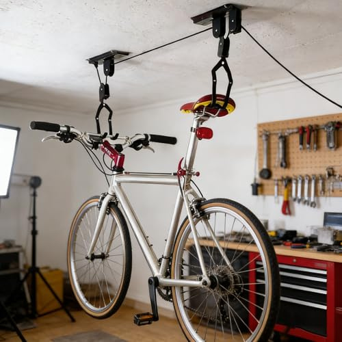 MINGZE Elevador de Techo para Bicicleta, Colgador Bicicleta Pared Carga de 60 kg, Bike Lift Strong con Gancho y Freno de Cuerda, Cuerda, Kayak, Soporte Bicicletas Suelo Elevador de Bicicleta