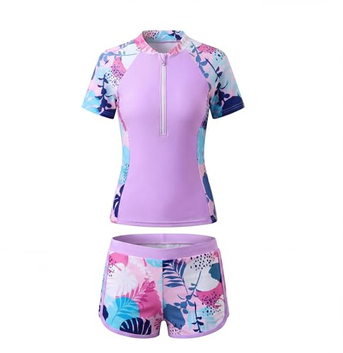 Keyck Traje de Baño Niña 2 Piezas Manga Corta Rash Guard Conjunto 5-14 Años | Estampado Top con Cremallera y Pantalones Cortos, UV Protección Solar, Secado Rápido, Bañador Playa Piscina Ropa para Niños
