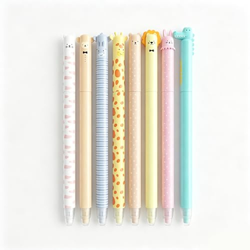 Raderbar kulspetspenna set 8 stycken, raderbara pennor barn med djurmotiv, 0,7 mm blå bläck gelpennor suddbara, Kawaii pennor skola och kontorsmaterial, cool kulspetspenna present för pojkar