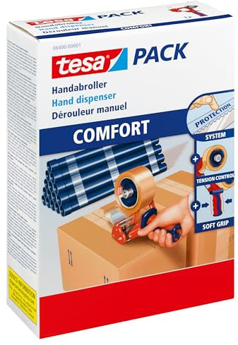 tesa 6400 Packband Handabroller COMFORT - Hochwertiger, robuster Abroller für Paketbänder - Profi-Qualität - Für Klebebänder mit bis zu 50 cm Breite