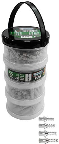 Connex Dübel-Sortiment 350-teilig - Polypropylen - Diverse Größen im Set (Ø 5 / 6 / 8 / 10 mm) - Für einfache Befestigungsarbeiten in Vollstein & Beton / Dübel-Set / Universaldübel / B30015