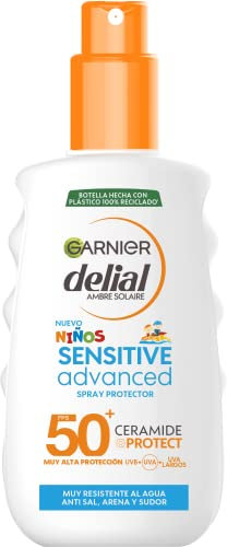 Garnier Delial Niños Sensitive Advanced Spray Protector Solar. Muy resistente al agua. Para pieles claras y sensibles. Alta Protección FPS 50+. Testada bajo control pediátrico, 150 ml