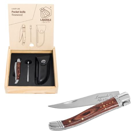 Laguiole Style de Vie Coltello tascabile con affilatura in acciaio e custodia in pelle, con manico in Legno Pakka, in confezione regalo