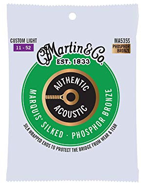 Martin Authentic Acoustic® Marquis® Silked Guitar Strings – Phosphor Bronze, Custom Light Gauge | Warm, Balanced Tone with Bridge Protection | Silk-Wrapped Ball Ends