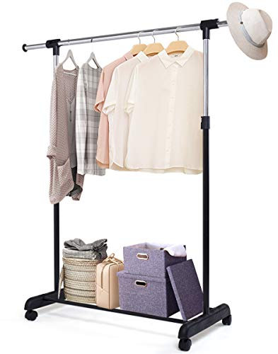 DREAMADE Kleiderständer auf Rollen, Kleiderstange Belastbar mit Ablage, Garderobenwagen Bewegbar, Garderobenständer aus Metall, Kleiderwagen Höhenverstellbar