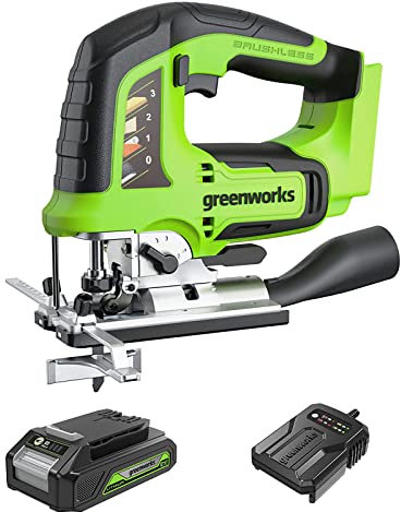 Greenworks GD24JSK2 Sierra de Calar a Batería con 2 Cuchillas, 3000spm, Base Ajustable hasta 45°, Accesorio de Aspiración, CON Batería de 24V 2Ah y Cargador, Garantía de 3 Años