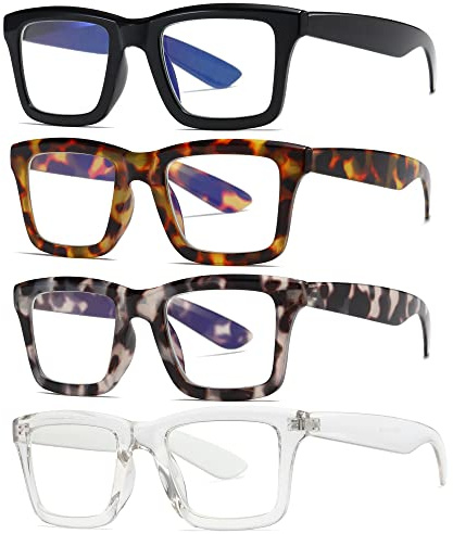 ZXYOO 4 Pack Oprah Style Reading Glasses for Women Men Blue Light Blocking Computer Square Metal Spring Readers +1.25
