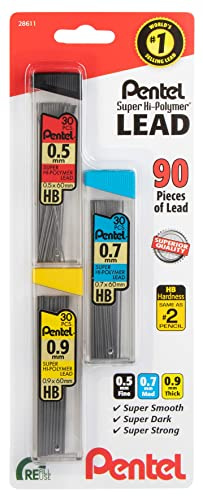 Pentel Super Hi-Polymer Mechanical Pencil Lead Refill - 0.5mm, 0.7mm, 0.9mm - 90 Lead refills (30 of Each Size)