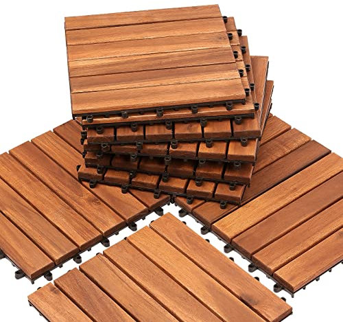 Ikodm Dalles terrasse Lot de 55 carreaux en bois d'acacia,5 m²-30 x 30 cm dalles composées de 6lattes chacune-Pour balcon,jardin