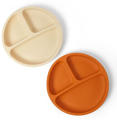 Aolso Assiettes en Silicone avec Ventouse, 2PCS Assiette Ventouse, Ustensiles, Incassable Divisées- Passe Au Lave-vaisselle et Au Micro-ondes (Marron/Beige)