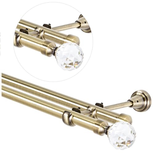 Barra de cortina de 160 cm para montaje en pared, barra de cortina de 19 mm, 2 vías, color dorado antiguo, juego de barras de cortina con bola de cristal