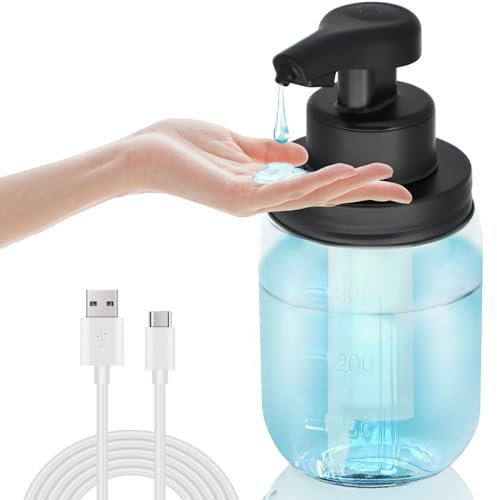 350ML Automatic Touchless Glass Soap Dispenser, Rechargeable Hands Free Liquid Mason Jar Soap Dispenser with Electric Sensor Pump, Refillable Lotion Bottle for Bathroom Kitchen Dishwashing Countertop