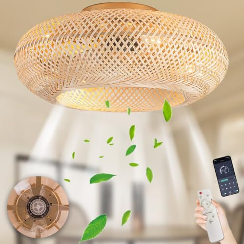 Lampe De Ventilateur Retro Bamboo Ceiling Light Ventilateurs De Plafond Avec Lumière Et Télécommande Réversible Silencieux Avec 6 Niveaux De Vitesse Du Vent Lumière Réglable Avec Ventilateur