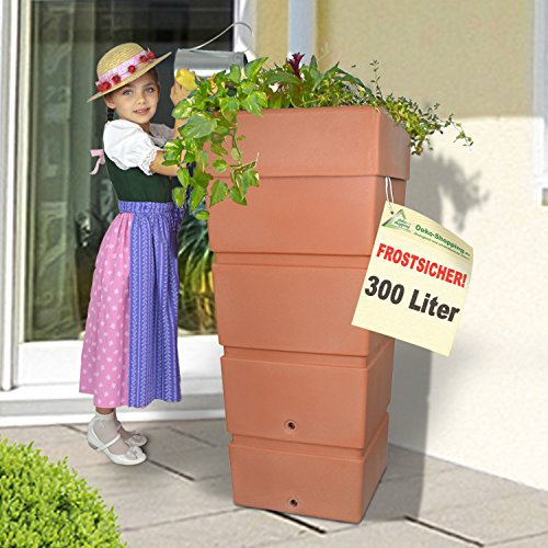 Regentonne Nizza Terra-kotta 300l, Regenfass Ecktonne Regenspeicher Regenwasserbehälter FROSTSICHER - Moderne Eck-Regenwassertonne mit stabilem Deckel als Pflanzschale