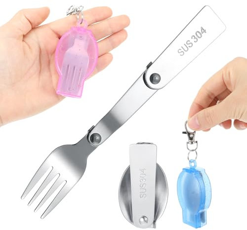 YUXIANLB 2pcs Foldable Fork and Spoon Set, Portable Folding Spoon and Fork Set with Two Plastic Storage Cases, Stainless Steel Metal Folding Spoon&Fork for Travel Camping Outdoors Picnic