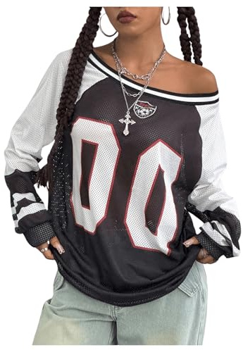BEAUDRM Women's Y2k Mesh Jersey Shirts Sheer Graphic Tees Oversized Off The Shoulder Long Sleeve Tops Streetwear Black Small