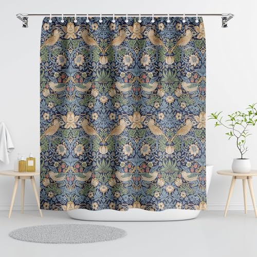 Fchen Art Vintage William Morris jordgubbstjuv grön geometrisk fåglar duschdraperi 180 x 180 cm, 1 panel, vattentät, polyester, badrum, konst- och hantverksstil, förstärkt topp, inkluderar krokar