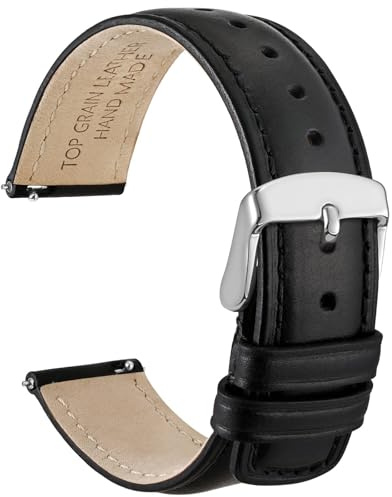 WOCCI 22mm Quick Release Watch Strap, Vintage Top Grain Leather, Silver Buckle (Black)
