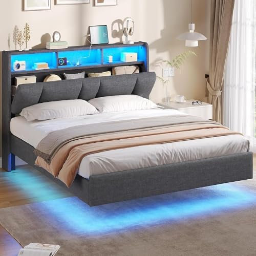 AOGLLATI Bett 160 x 200 cm, Polsterbett mit Ladestation und LED-Beleuchtung, Doppelbettgestell mit Stauraum Kopfteil, Bettgestell mit Lattenrost, Schwebender visueller Effekt, Leinen, Dunkelgrau