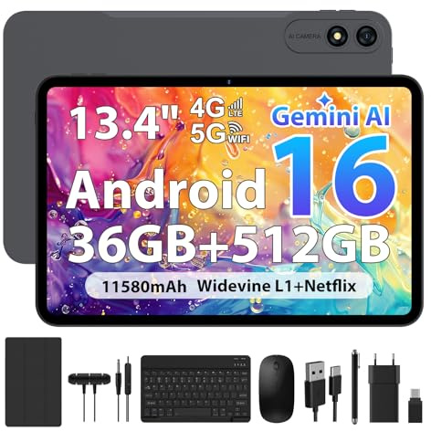 WOREGOO Tableta Android 16 de 13,4 Pulgadas, 4G LTE y Wi-Fi 5G, Tableta Octa-Core, 36GB RAM+512GB ROM (1TB TF), Pantalla 2000x1200, Widevine L1/8+13 MP/11580 mAh/GMS/GPS, con Teclado+Ratón (Gris)