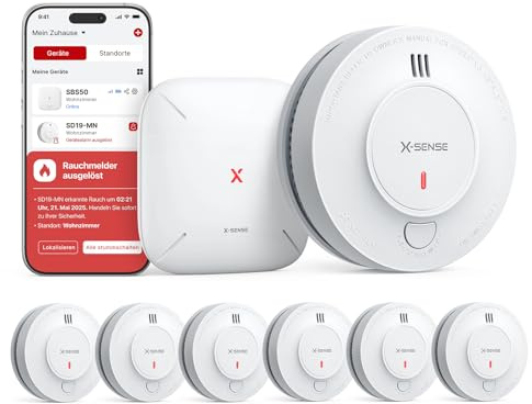 X-Sense Rilevatore di Fumo Wi-Fi, Batteria Sigillata da 10 Anni (Senza Manutenzione), Allarme con Notifiche App in Tempo Reale, Certificato EN 14604, SD19-MN61, 6 Rilevatori e 1 Stazione Base