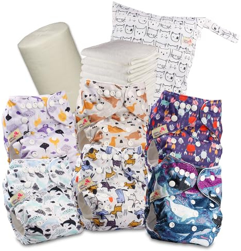 Littles & Bloomz Pannolini Lavabili – Pannolino a Tasca con Bottoni Automatici, Set da 6 con 6 Inserti in Microfibra, Veli in Bambù e Borsa Porta Pannolini Impermeabile, 626PM6