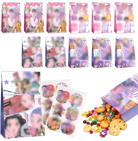 Sacchetti Regalo Compleanno Bambini, 12 Dem-0n Hun-ters Sacchetti di Carta + 12 Adesivi, Sacchetti per Caramelle Compleanno, Buste Regalo per Feste, Snack, Giocattoli e Confezioni Regalo