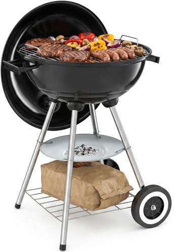 tectake® Barbecue rond Ø 41,5 cm, Grande grille de cuisson, Grille à charbon, Réglage de l'arrivée d'air, Bac de récupération amovible, Poignées latérales, 2 roues, Barbecue à charbon portable