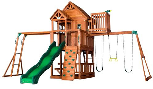 Backyard Discovery Skyfort II Cedar Wood Swing Set with Wave Slide, Raised Clubhouse, Crow's Nest, Monkey Bars, Balcony, Belt Swings, Trapeze, Rock Wall, Picnic Table, Sandbox, Ladder, Outdoor Playset
