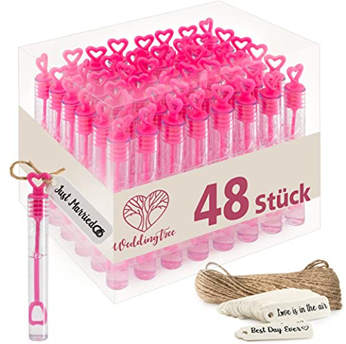 WeddingTree Bolle di Sapone per Matrimonio 48 Flaconcini con Manico a Cuore | Idea Originale per Compleanno, Fidanzamento, San Valentino, Battesimo, Comunione | Wedding Bubbles