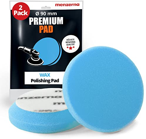 detailmate Menzerna Premium Wax Pad Esponja de pulido suave – 95 mm 3,5 pulgadas – Azul – 2 unidades + 1 nitrilo – Guante protector