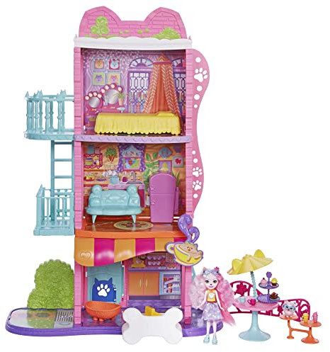 Enchantimals HJH65 - City Tails Stadt-Haus & Café Spielset mit Zwergspitz-Mädchen Palmer Pomeranian Puppe und Hunde-Figur, inklusive Zubehör, Spielzeug für Kinder ab 4 Jahren