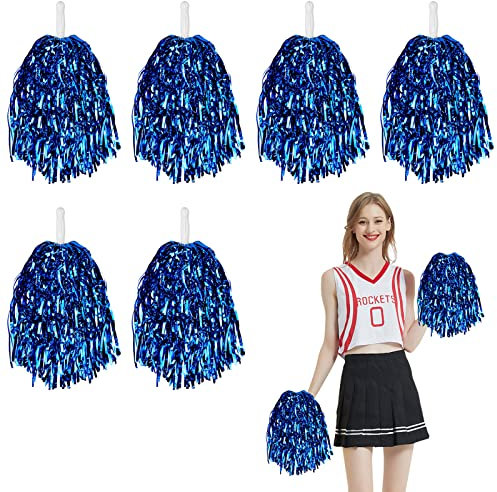 inheming 6 Stück Cheerleader Pompoms, Metallfolie Cheerleading Pom Poms Handblumen Puschel Tanzpuschel für Tanzparty Sport Wettbewerb Team Geist - Blau,30cm