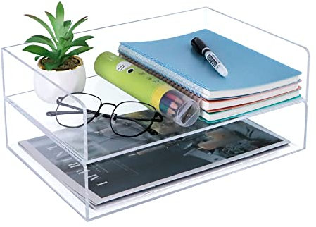 Klar Acryl Schreibtisch Veranstalter, HAOTIAN-X 2-Tier-Papier-Organisator Tray, stapelbar Klassenzimmer Dateiablage, Workspace Supplies Zubehör für Office Home Dokumente A4 Notebook