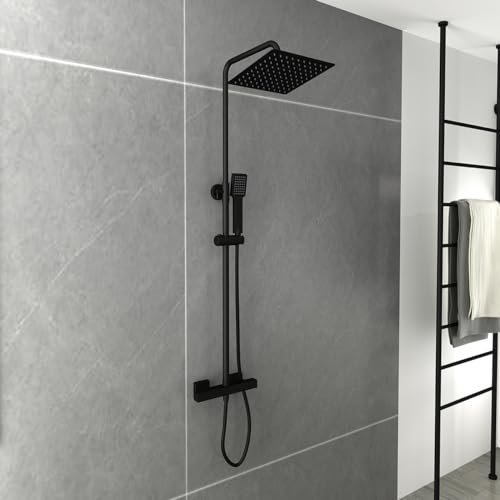 Plumbsys Black Thermostat Shower Mixer Set Square Rainfall Shower System with 200mm Overhead & Handheld Shower Head