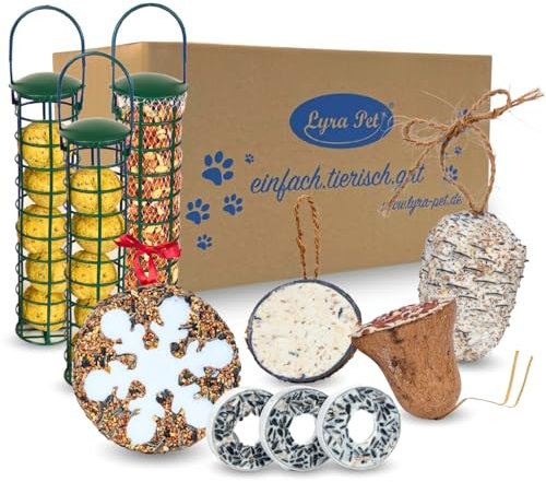 Lyra Pet® | Vogelfutter Starterpaket groß | 5 Vogelfutter Spezialitäten, Meisenknödel & Erdnusskerne mit Haut im Spender | Nährstoffreiches Vogelfutter für Sommer & Winter | Energie für Wildvögel