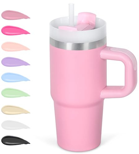 Cosictic 14 Oz Tumbler with Handle and Straw for Kids, Stainless Steel Double Wall Vacuum Insulated Cup for Children, 14 Oz Cups for Kids (Pink)