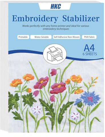 HKC Stabilisateur de Broderie Auto-AdhéSif Soluble Dans l'eau, 6 PCS A4 (29,7 X 21 cm) Papier Broderie Imprimable Ou Dessiner Des Motif, Hydrosoluble Broderie Pour Broderie à La Main Et à La Machine