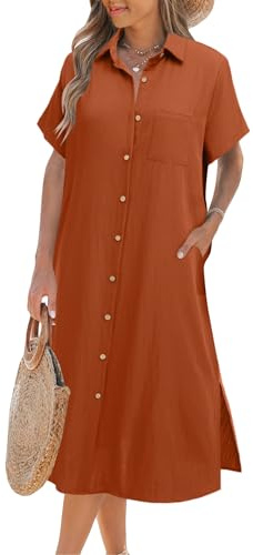 Zeagoo Camicetta Vestito Lungo Donna Estate Manica Corta Camicia da Spiaggia Elegante Beach Coprire con Bottoni Caramello XL