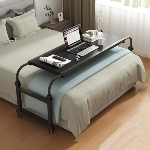 Mesa de Cama con Ruedas, Mesa de Cama Extensible con Ruedas, Mesa de Noche para computadora portátil Ajustable en Altura y Longitud, estación de Trabajo portátil de pie con Barra (Negra)