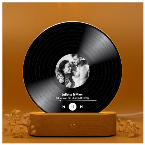 Geschenkfreude personalisiertes Song Cover Glas Bild mit Foto - LED Acrylglas Fotogeschenk mit eignem Bild in Schallplatten Optik - Valentinstags Geschenk für Ihn und Sie - Geschenk für Paare