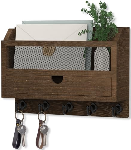 Nekon Key and Mail Holder for Wall, Key Organizer with 5 Hooks & Storage Drawer, 11 W x 7.9 H x 3.1 D Wooden Key Rack for Entryway and Home Decor (Brown)