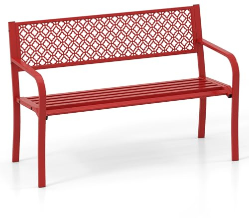 COSTWAY Panchina da Esterno 2-3 Posti, Panca in Metallo con Schienale Motivo Geometrico, Braccioli e Seduta a Doghe, Sedia Moderna per Parco, Cortile e Giardino (Rosso, 127 x 56 x 82 cm)