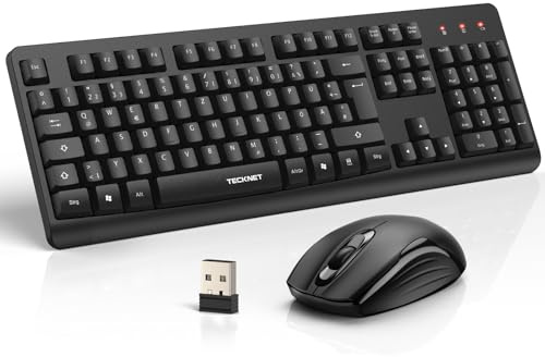 TECKNET Tastatur Maus Set Kabellos, QWERTZ Layout Funktastatur mit Maus, Vollformat, Spritzwassergeschützt, 2,4-GHz Maus und Tastatur Kabellos mit 2-in-1 USB Nano Empfänger für PC/Laptop/Mac